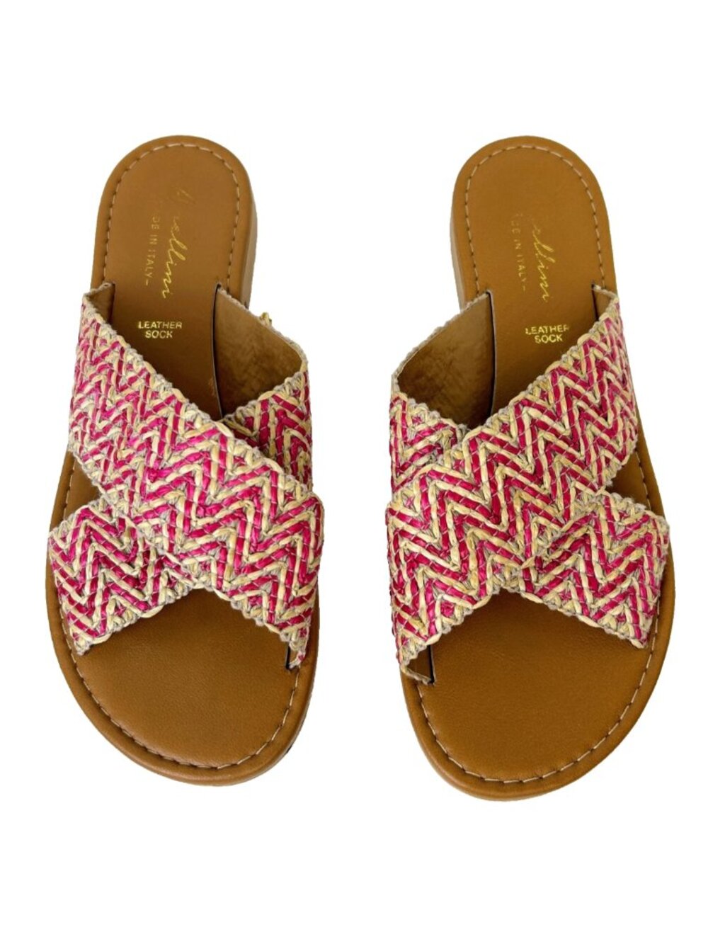 Avellini Cross Strap Woven Flats Sandals Braided Raffia Tan Pink Slides sz 7.5